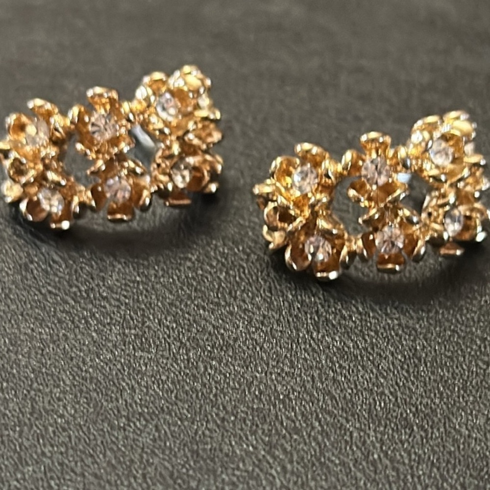 Double Row Flower Gold-Tone Post Back Rhinestone Adorned Earrings - Picture 5 of 8